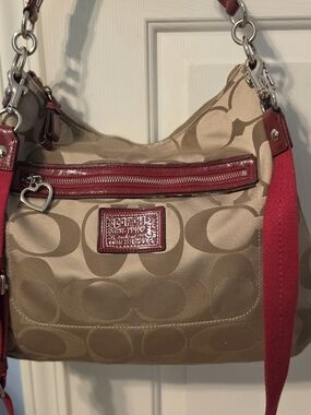 Coach Tan Signature Canvas Shoulder Bag with Red Accents
